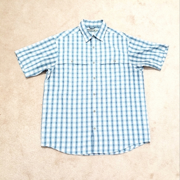 Solaris Men's Medium Plaid Short Sleeve Button-Up Shirt Blue White Outdoor Casua - Picture 1 of 10